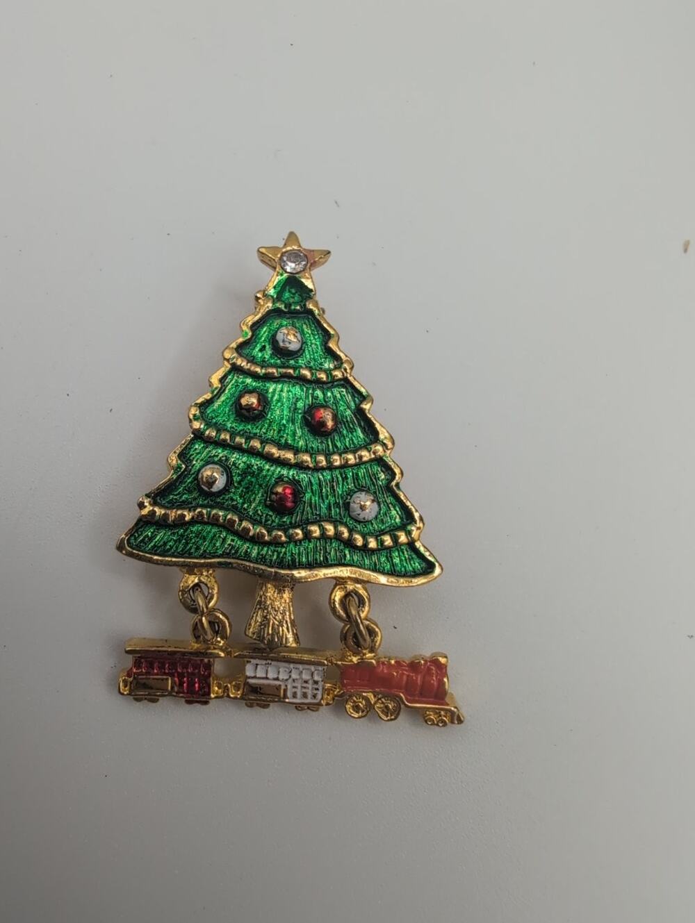 Vintage Christmas Tree Holiday Brooch Pin Enamel Rhinestone Train Made in Japan